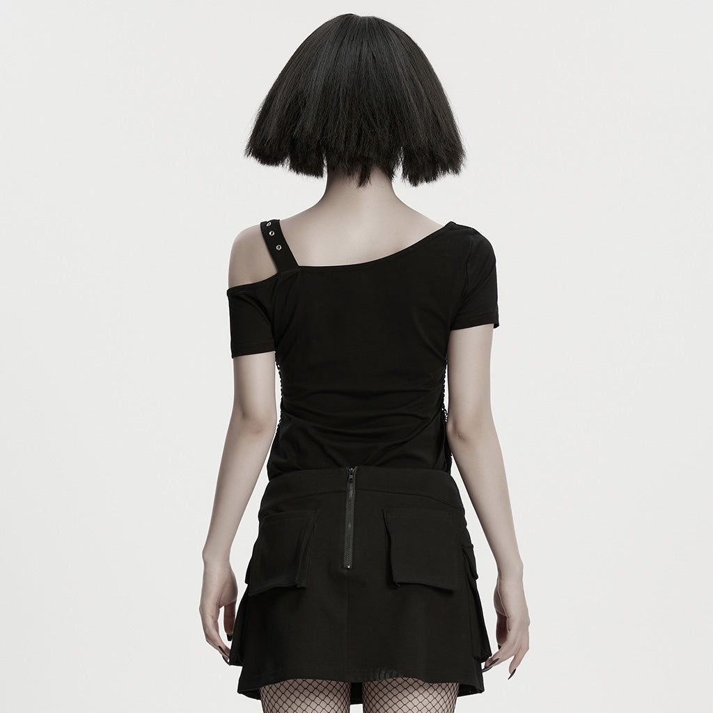 OPT-1001TDF Skeleton Print Cold Shoulder Punk T-Shirts with Buckle Strap