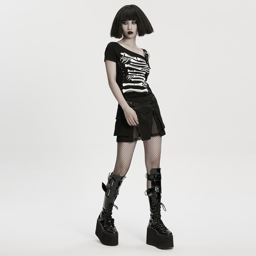 OPT-1001TDF Skeleton Print Cold Shoulder Punk T-Shirts with Buckle Strap