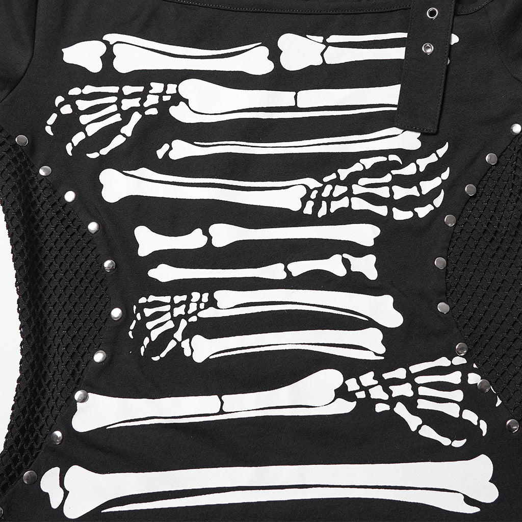 OPT-1001TDF Skeleton Print Cold Shoulder Punk T-Shirts with Buckle Strap