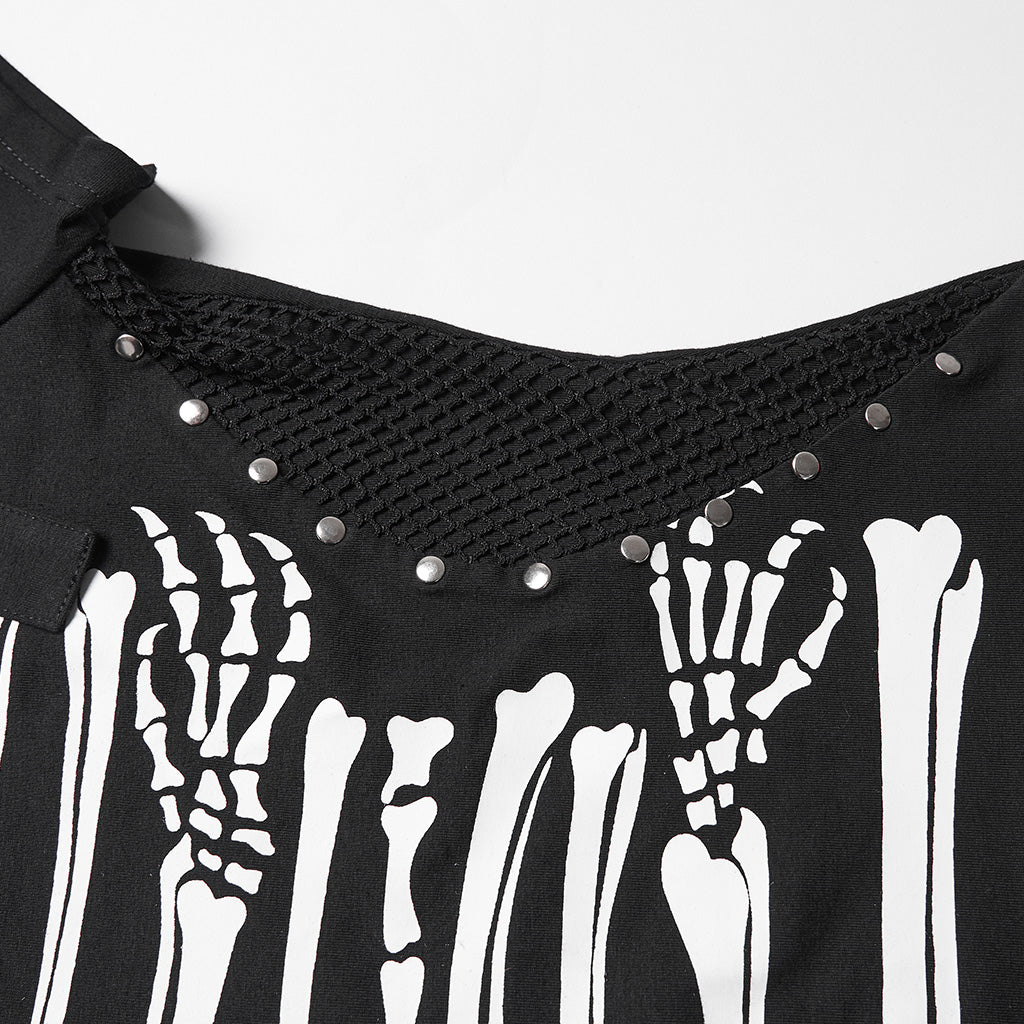 OPT-1001TDF Skeleton Print Cold Shoulder Punk T-Shirts with Buckle Strap