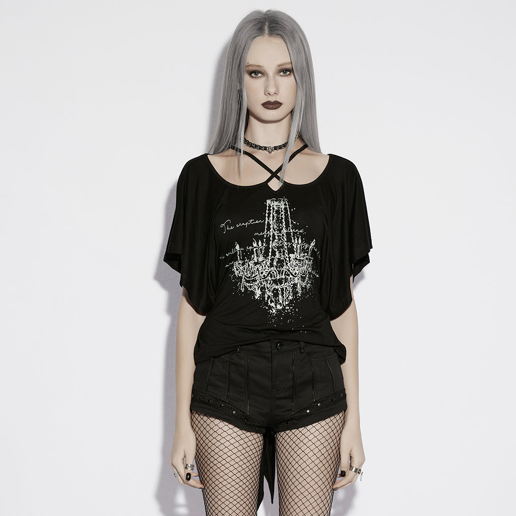 OPT-1002TDF Gothic T-Shirts Chandelier Print Cross-Strap Neckline Black Top