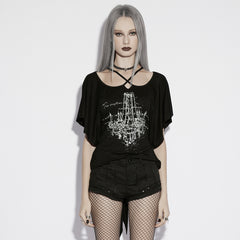 OPT-1002TDF Gothic T-Shirts Chandelier Print Cross-Strap Neckline Black Top