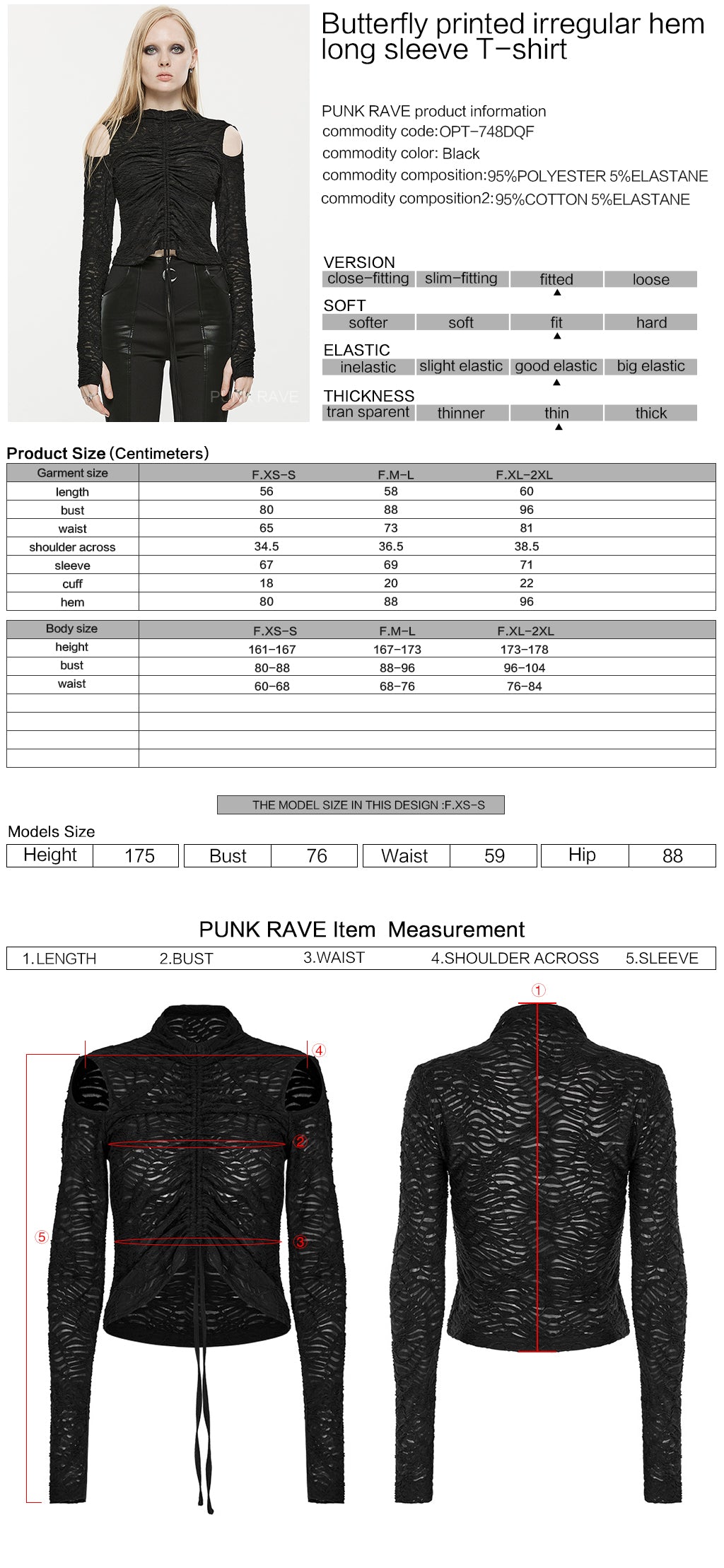 OPT-748DQF Gothic Chic Black Ruched Cutout Long Sleeve Punk Shirt