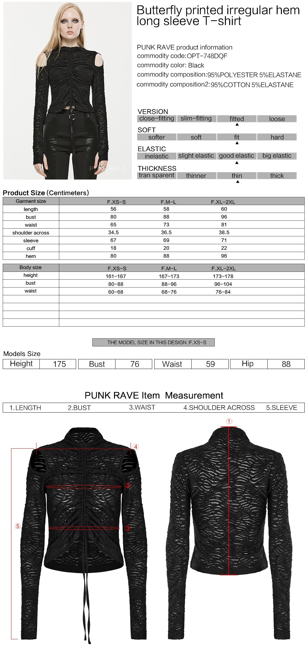 OPT-748DQF Gothic Chic Black Ruched Cutout Long Sleeve Punk Shirt
