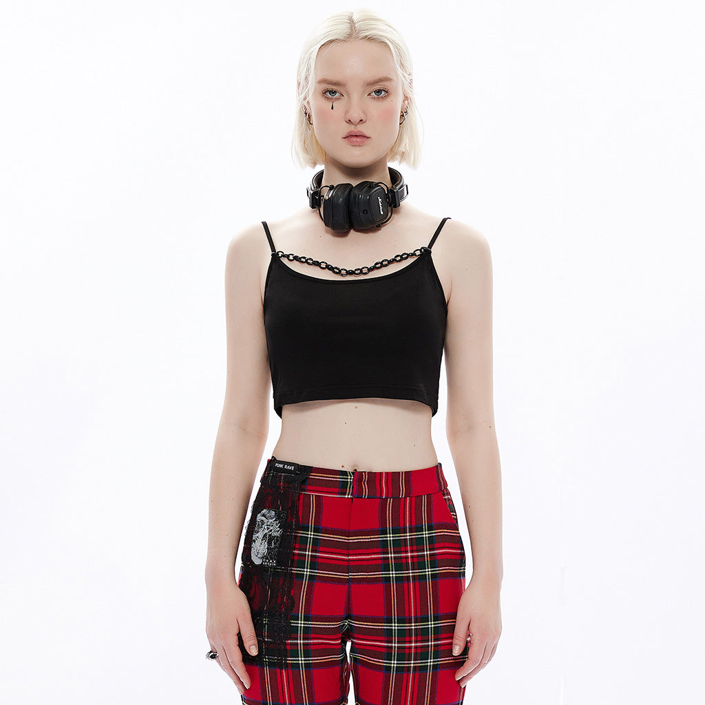 OPT-778DDF Black Chain Detail Crop Top Punk Shirts Style Chain Accent Crop Punk Shirt Black Red Plaid Pants Combo