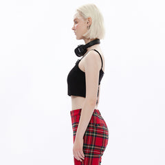 OPT-778DDF Black Chain Detail Crop Top Punk Shirts Style Chain Accent Crop Punk Shirt Black Red Plaid Pants Combo