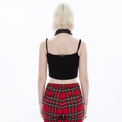 OPT-778DDF Black Chain Detail Crop Top Punk Shirts Style Chain Accent Crop Punk Shirt Black Red Plaid Pants Combo