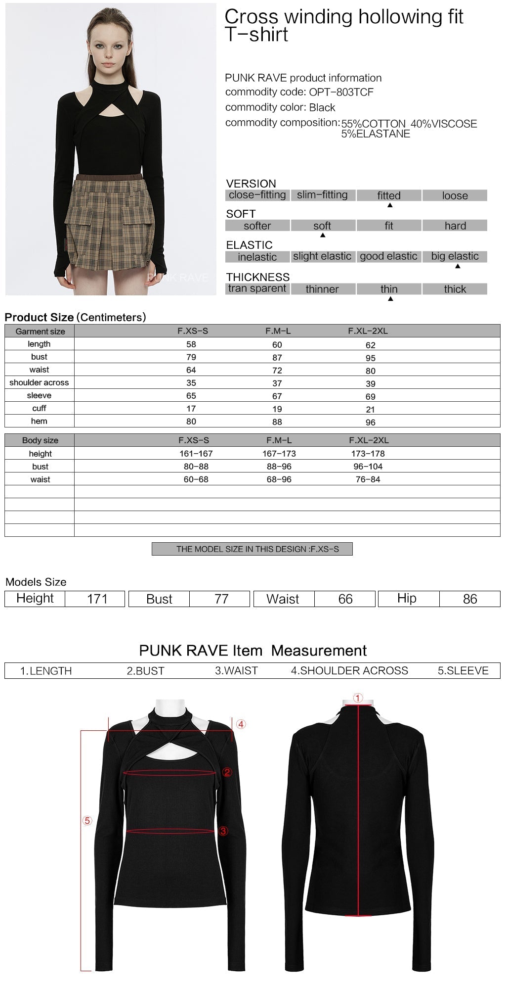 OPT-803TCF Chic Cutout Punk T-Shirt Cross Hollow Long Sleeve?-??Punk Rave Clothing