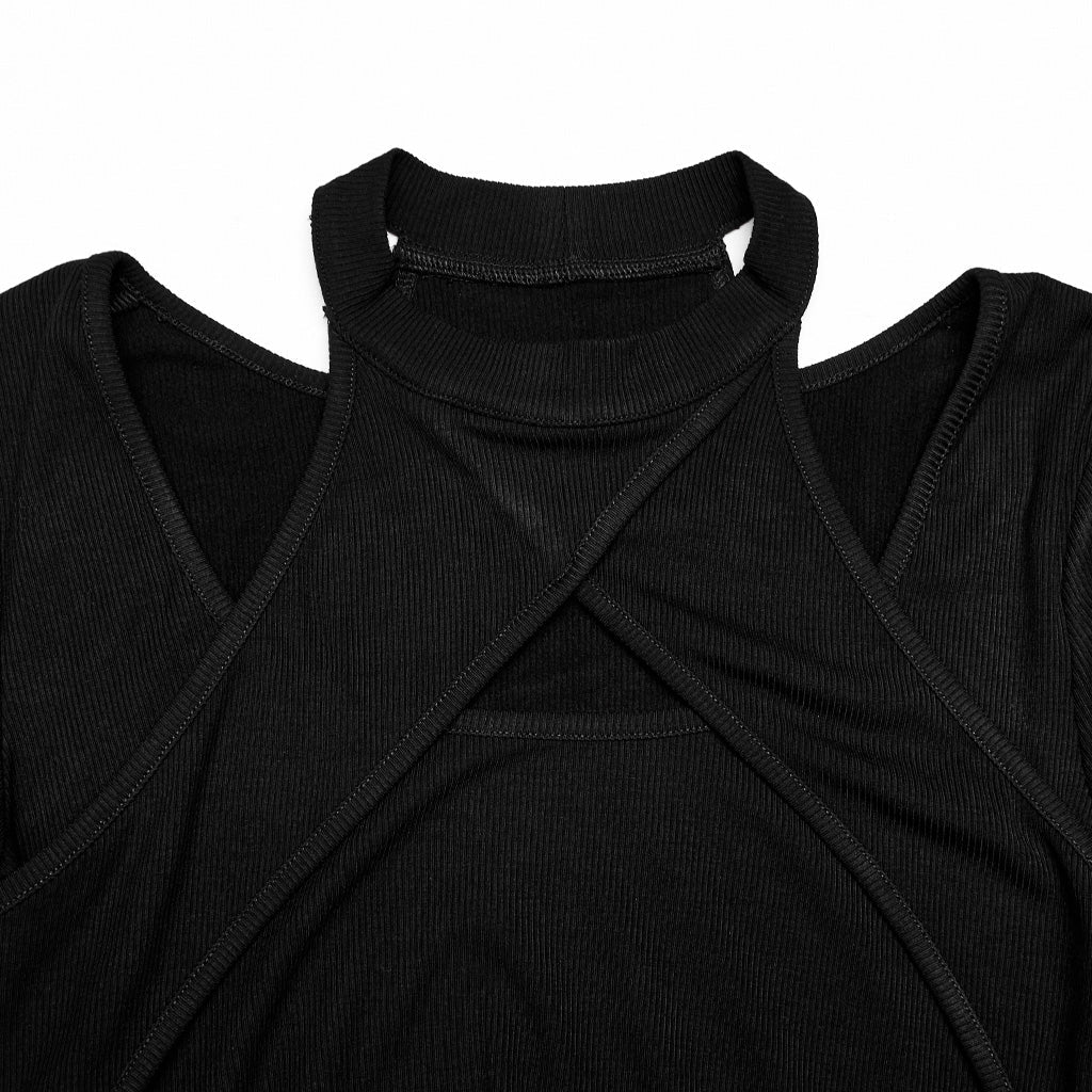 OPT-803TCF Chic Cutout Punk T-Shirt Cross Hollow Long Sleeve?-??Punk Rave Clothing