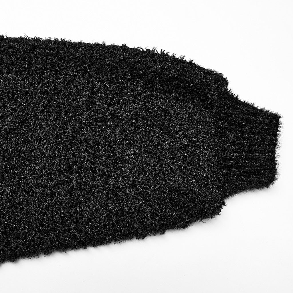 OPT-809TCF Edgy Black V-neck Punk Sweater with Textured Loose Fit