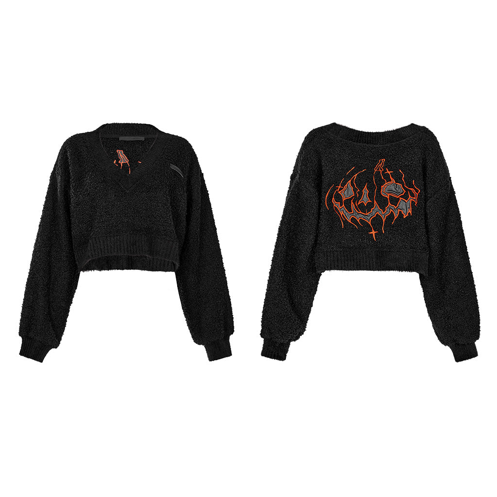 OPT-809TCF Edgy Black V-neck Punk Sweater with Textured Loose Fit