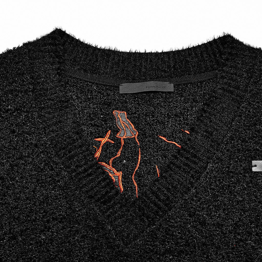 OPT-809TCF Edgy Black V-neck Punk Sweater with Textured Loose Fit