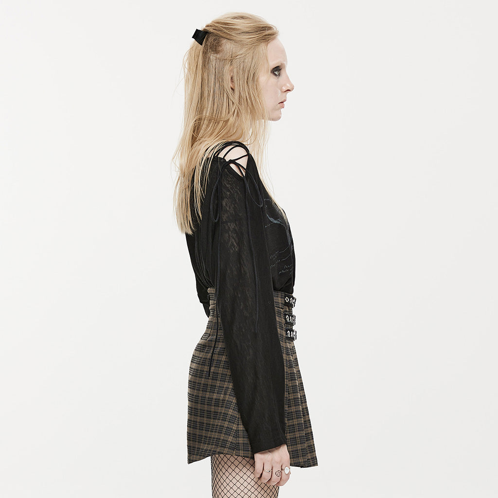 OPT-846TCF Punk Off-Shoulder Asymmetrical Graphic Long Sleeve T-Shirt Black?-??Punk Rave Clothing