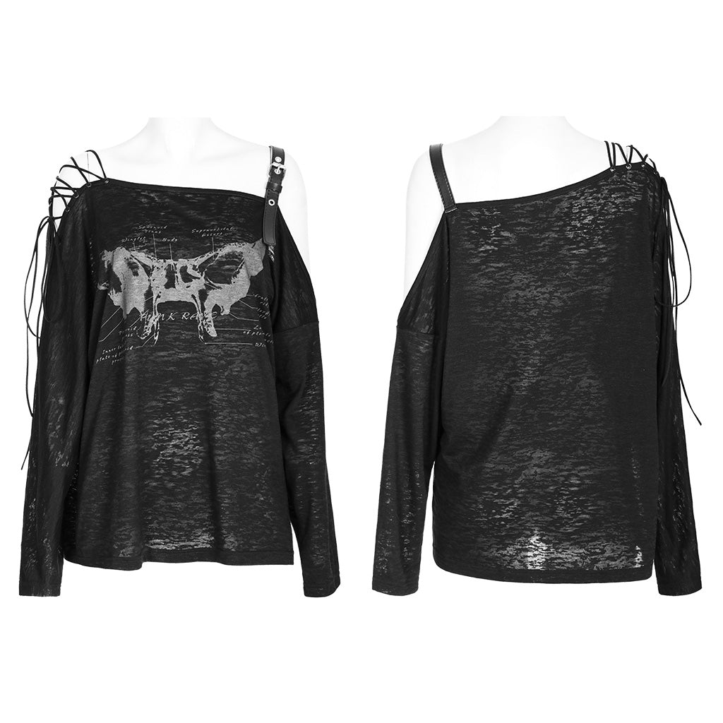 OPT-846TCF Punk Off-Shoulder Asymmetrical Graphic Long Sleeve T-Shirt Black?-??Punk Rave Clothing