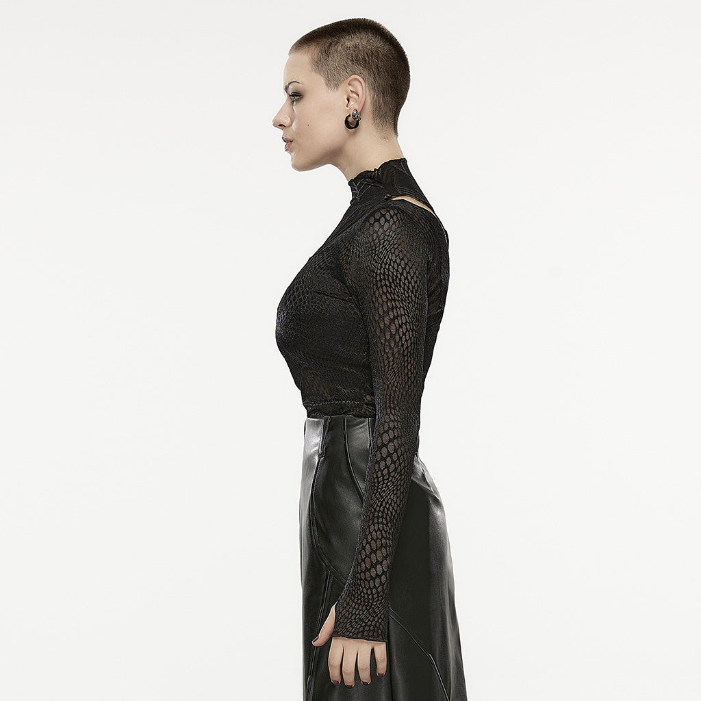 OPT-857TCF Edgy Asymmetrical Mesh Patchwork Punk T-Shirt?-??Punk Rave Clothing