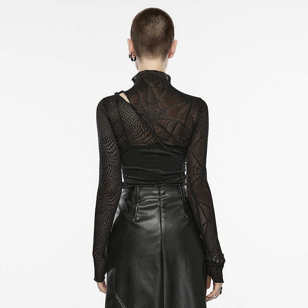 OPT-857TCF Edgy Asymmetrical Mesh Patchwork Punk T-Shirt?-??Punk Rave Clothing