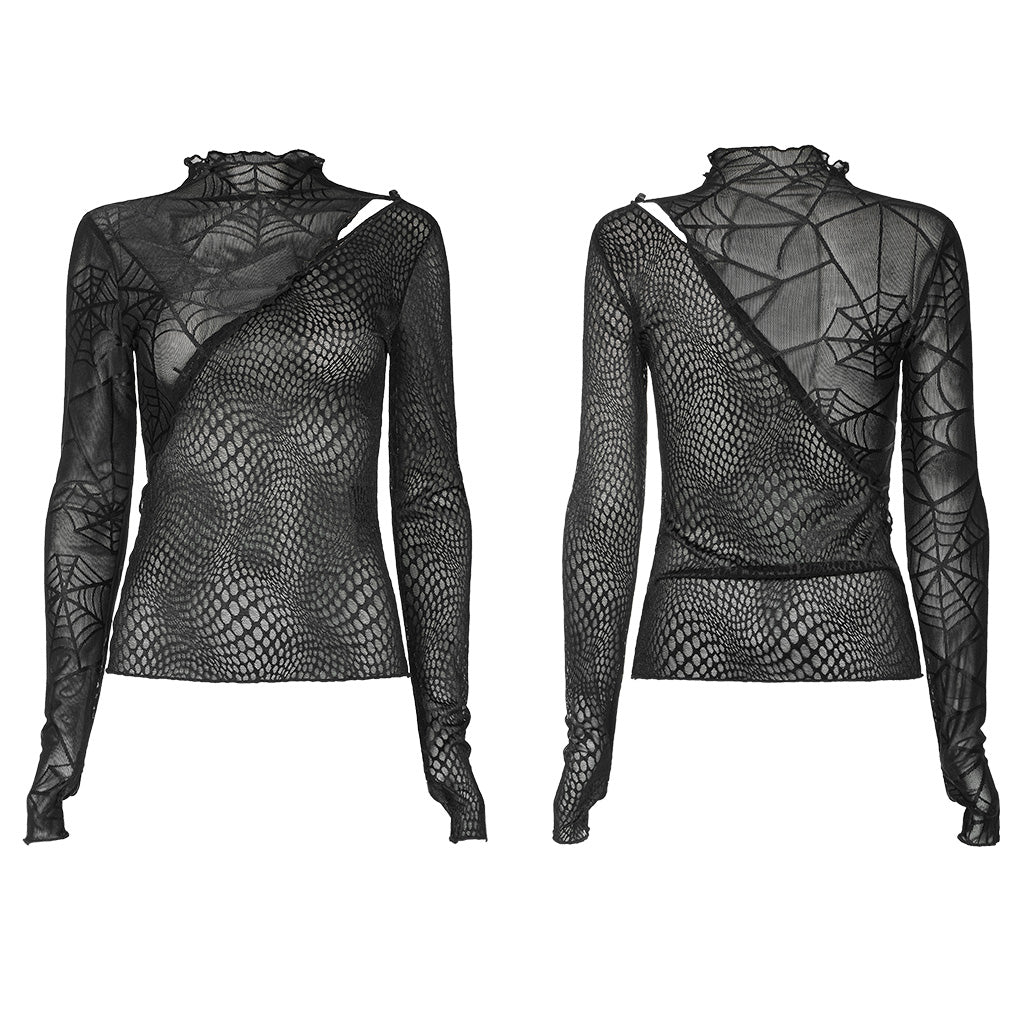 OPT-857TCF Edgy Asymmetrical Mesh Patchwork Punk T-Shirt?-??Punk Rave Clothing
