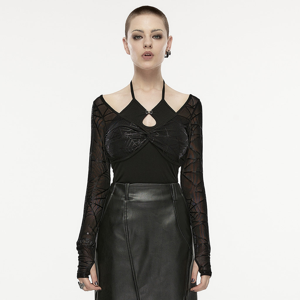 OPT-858TCF Gothic Halterneck Long Sleeve Mesh Punk T-Shirt?-??Punk Rave Clothing