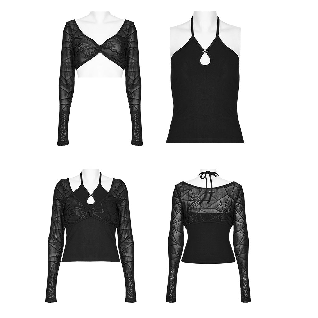 OPT-858TCF Gothic Halterneck Long Sleeve Mesh Punk T-Shirt?-??Punk Rave Clothing