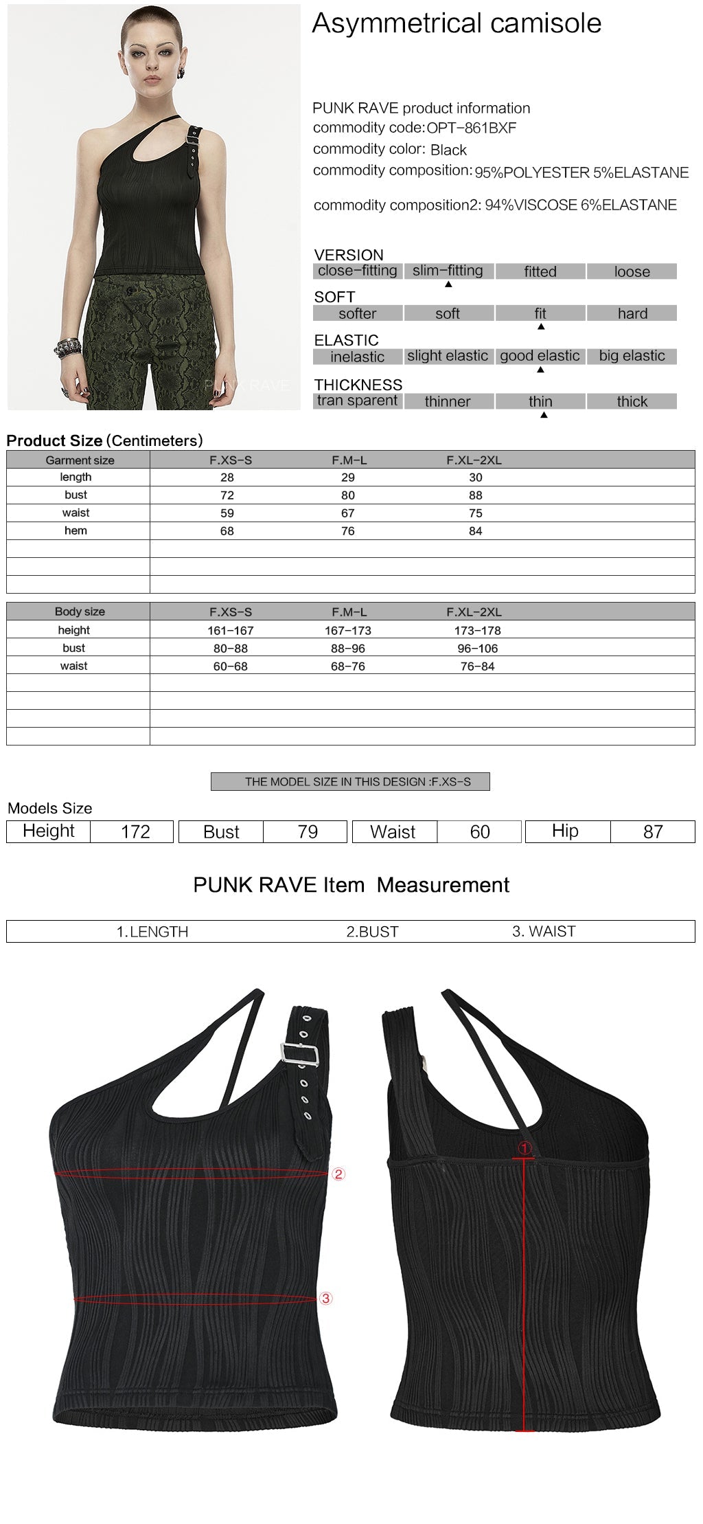 OPT-861BXF Black Asymmetrical Buckle Strap Ribbed Punk Shirts for Women