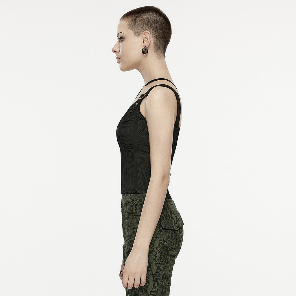 OPT-861BXF Black Asymmetrical Buckle Strap Ribbed Punk Shirts for Women