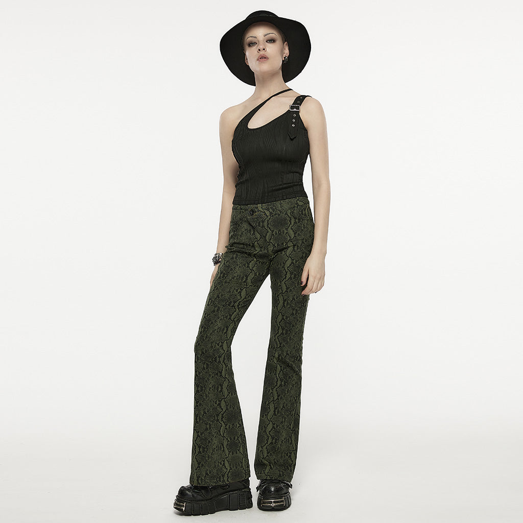OPT-861BXF Black Asymmetrical Buckle Strap Ribbed Punk Shirts for Women