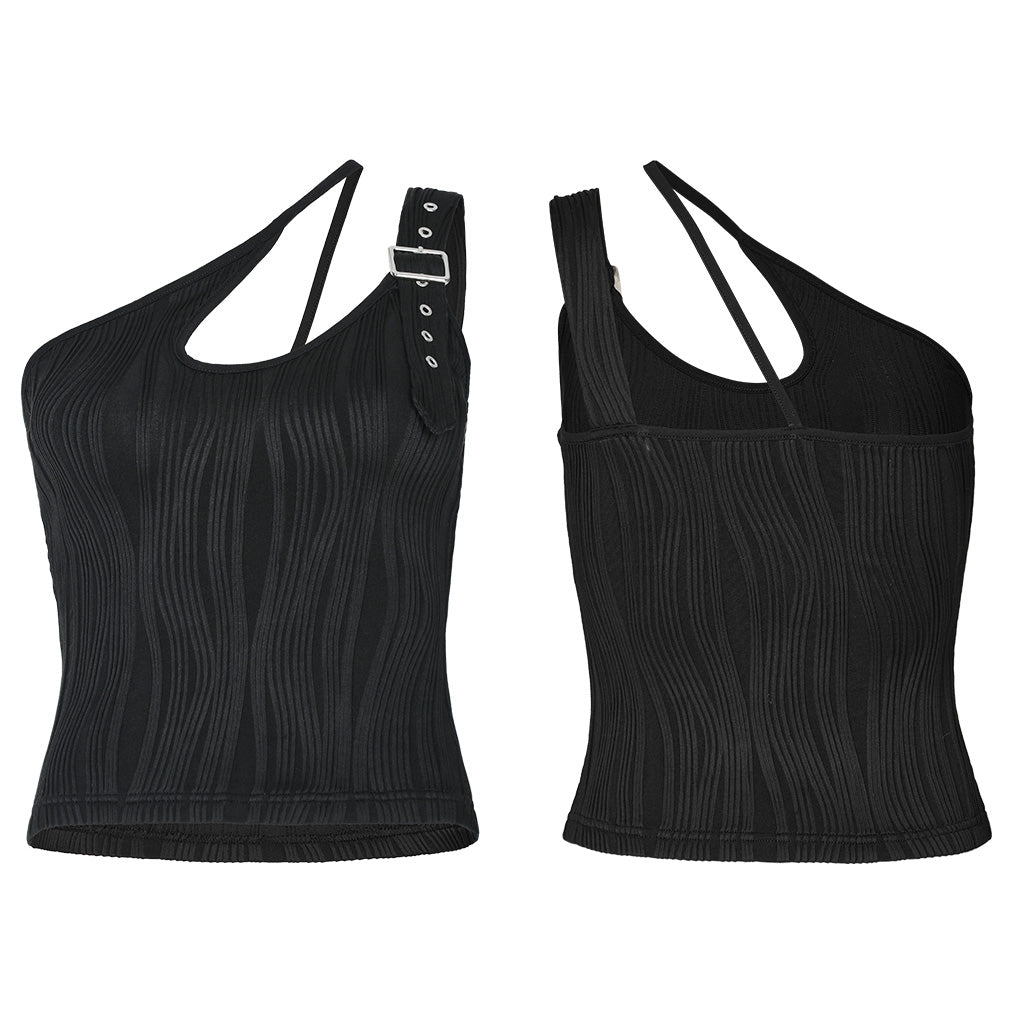 OPT-861BXF Black Asymmetrical Buckle Strap Ribbed Punk Shirts for Women