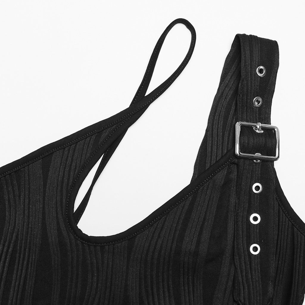 OPT-861BXF Black Asymmetrical Buckle Strap Ribbed Punk Shirts for Women