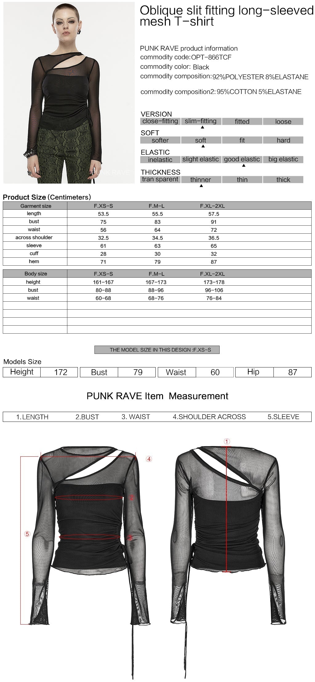 OPT-866TCF Gothic Oblique Slit Mesh Long-Sleeve Punk T-Shirt?-??Punk Rave Clothing