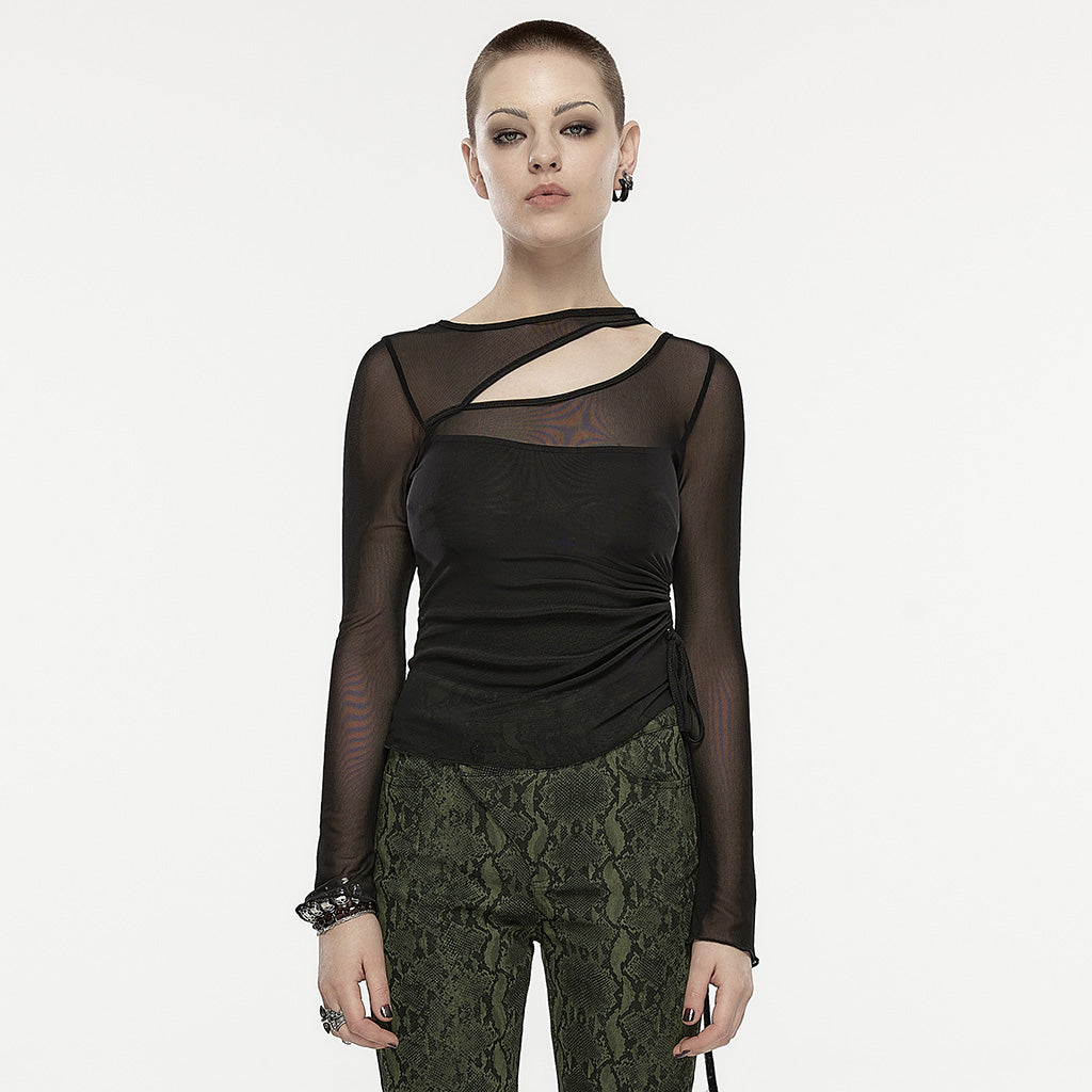 OPT-866TCF Gothic Oblique Slit Mesh Long-Sleeve Punk T-Shirt?-??Punk Rave Clothing