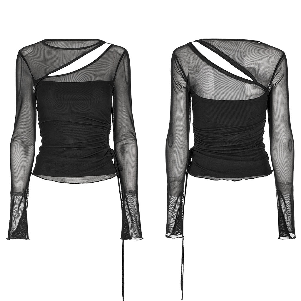 OPT-866TCF Gothic Oblique Slit Mesh Long-Sleeve Punk T-Shirt?-??Punk Rave Clothing