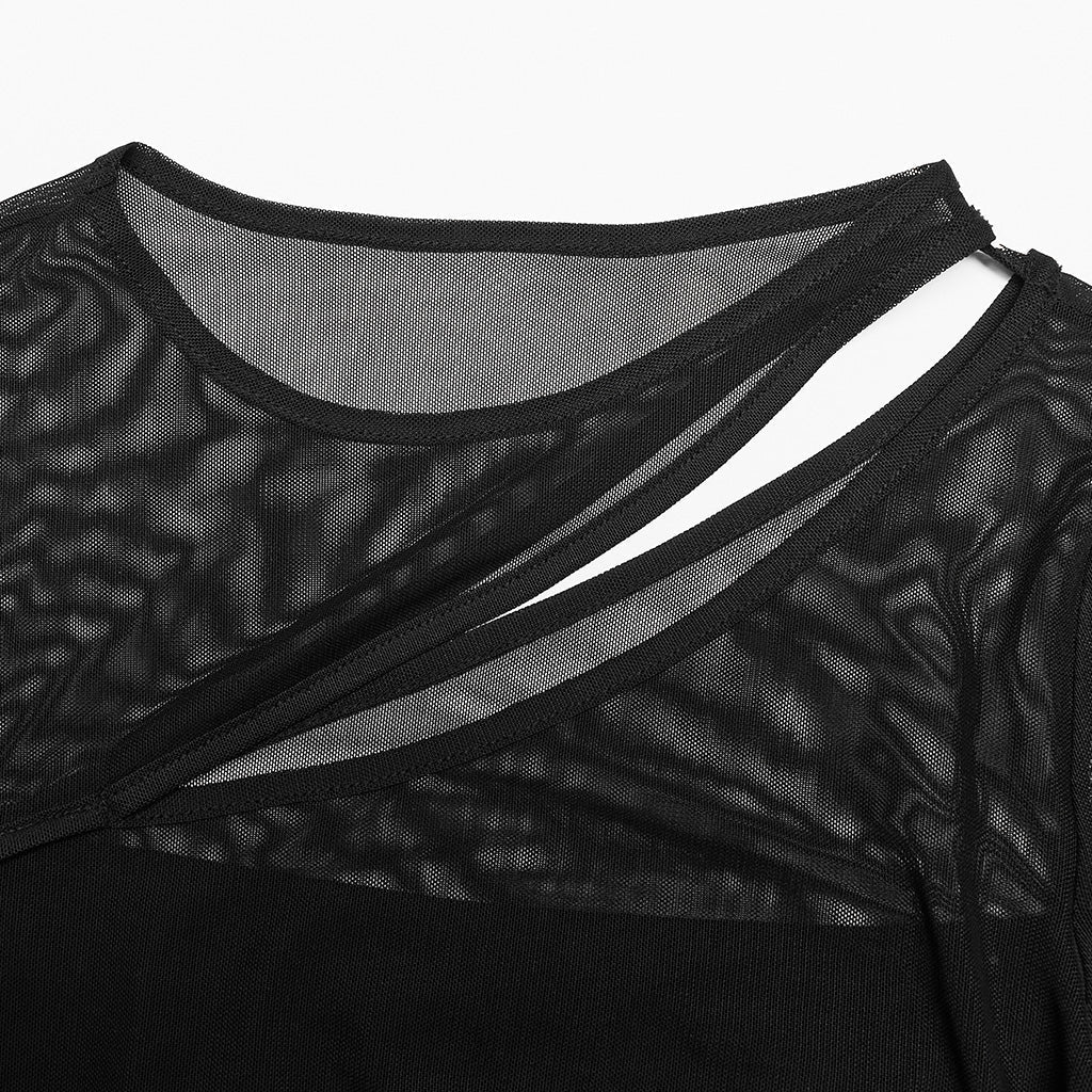 OPT-866TCF Gothic Oblique Slit Mesh Long-Sleeve Punk T-Shirt?-??Punk Rave Clothing
