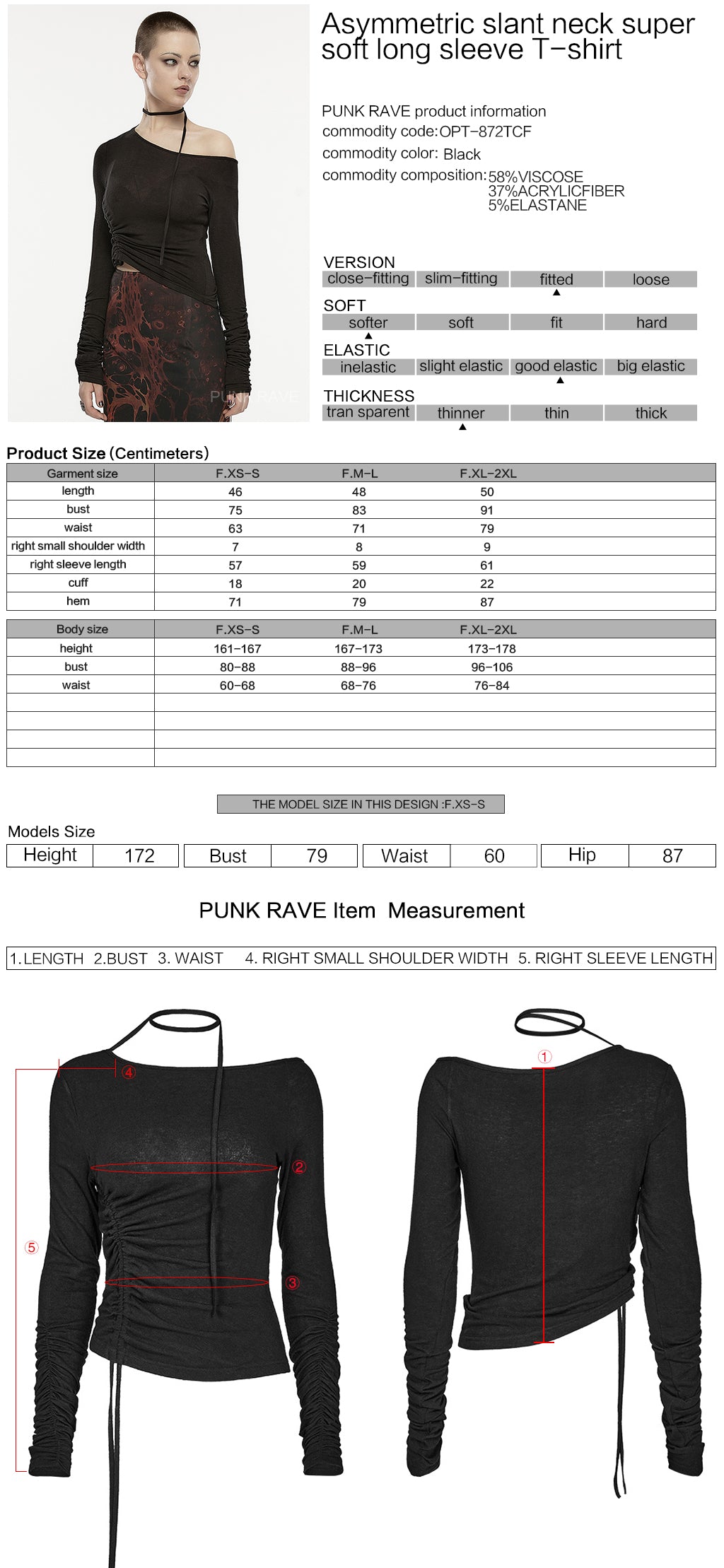 OPT-872TCF Asymmetric Slant Neck Ruched Long Sleeve Punk Shirt?-??Punk Rave Clothing