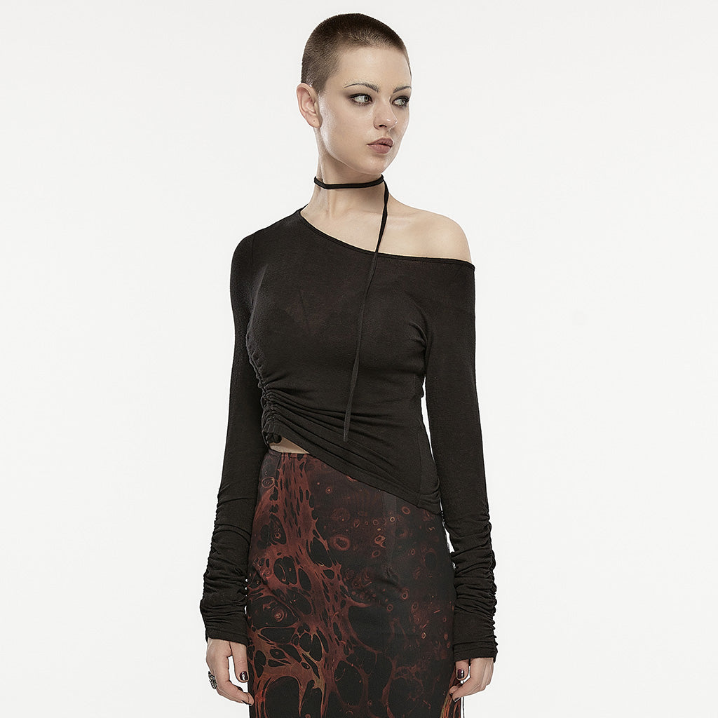 OPT-872TCF Asymmetric Slant Neck Ruched Long Sleeve Punk Shirt?-??Punk Rave Clothing