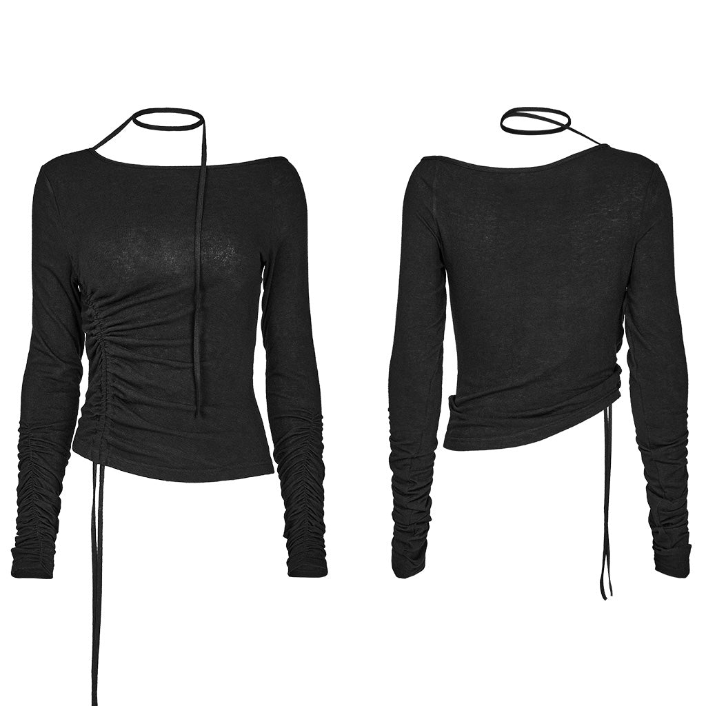OPT-872TCF Asymmetric Slant Neck Ruched Long Sleeve Punk Shirt?-??Punk Rave Clothing