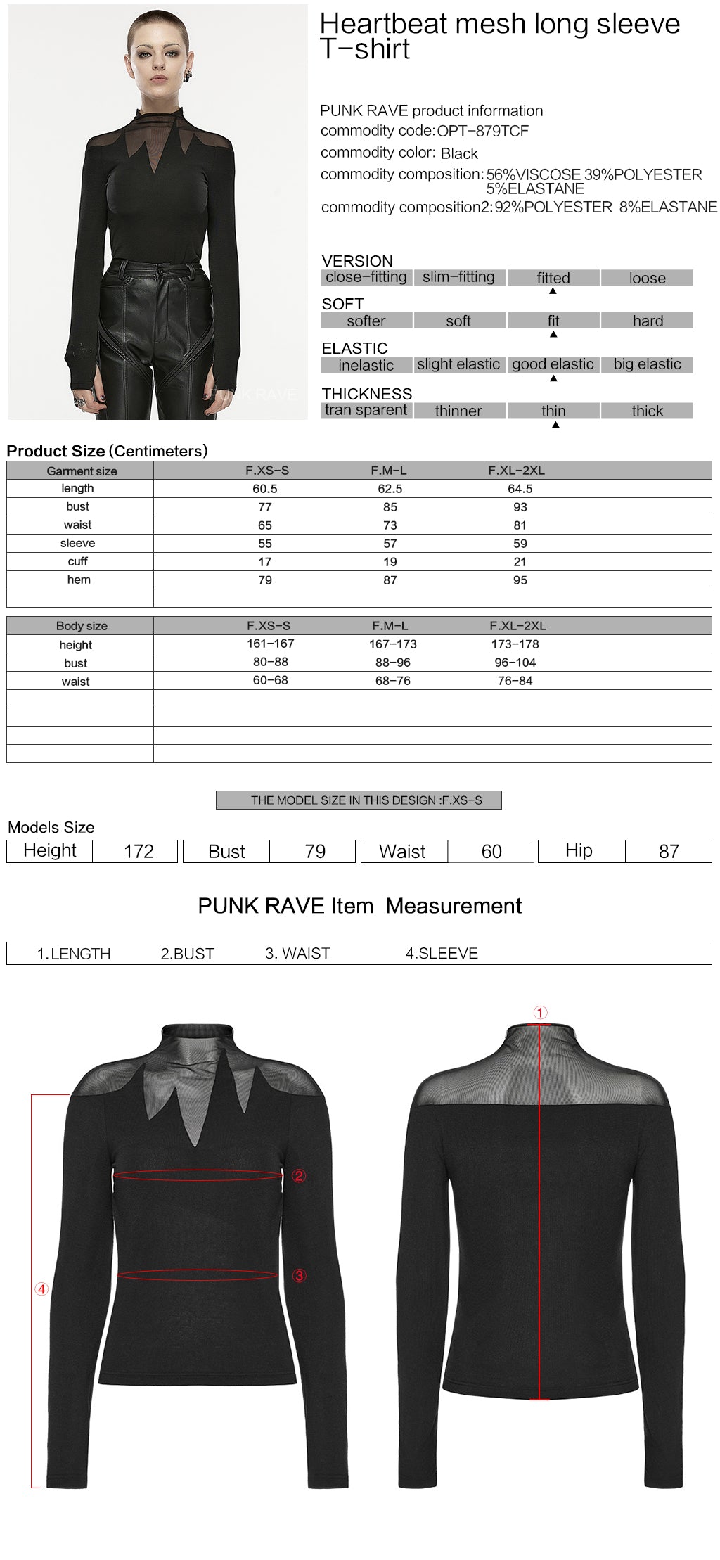 OPT-879TCF Gothic Mesh Insert Long Sleeve Punk T-Shirts Top