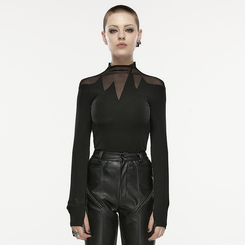 OPT-879TCF Gothic Mesh Insert Long Sleeve Punk T-Shirts Top