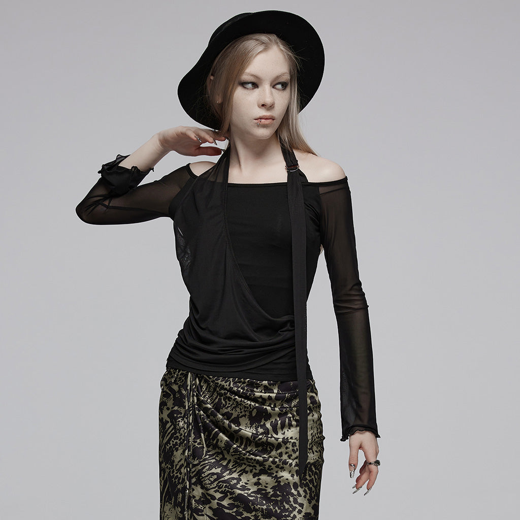OPT-883TCF Gothic Mesh Long Sleeve Halter Top Punk Shirts