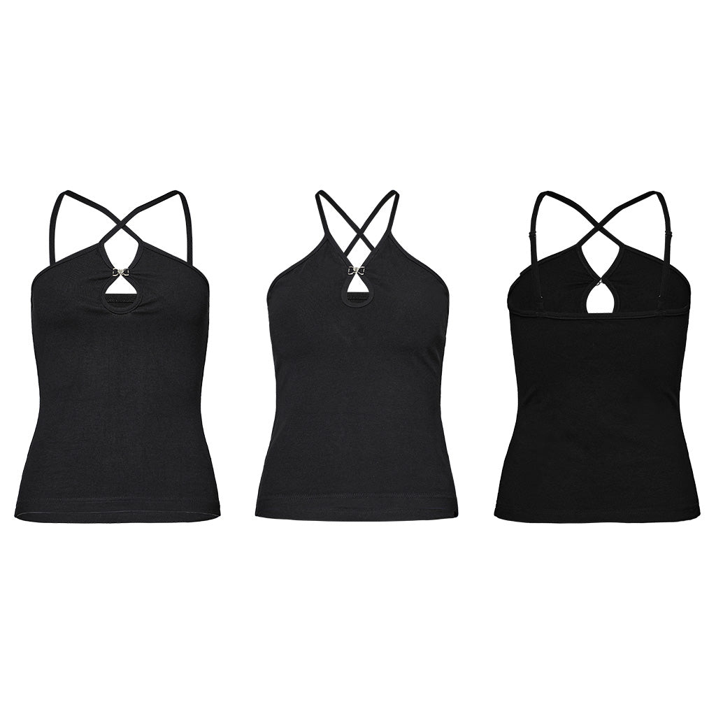 OPT-888DDF Strappy Black Punk Shirts with Keyhole Detailing Top