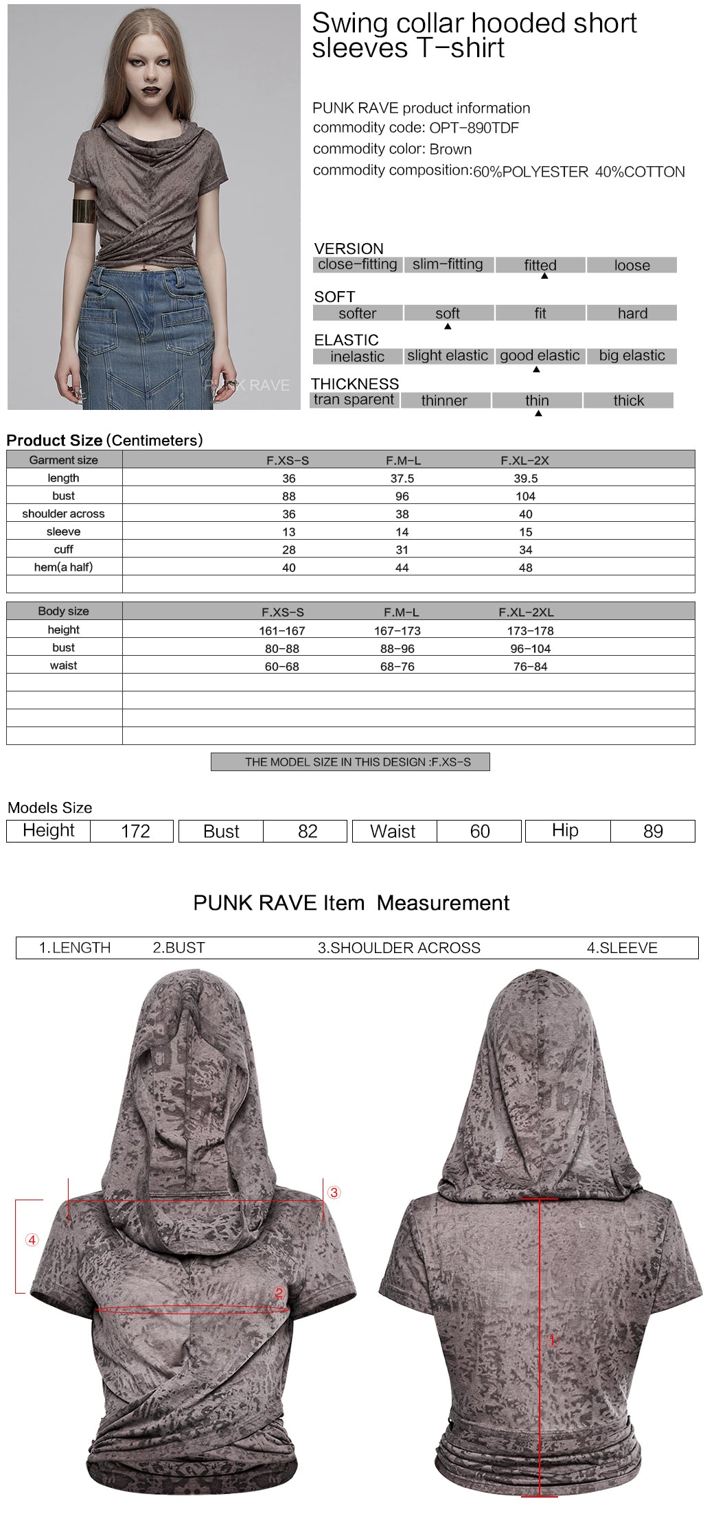 OPT-890TDF Edgy Hooded Punk T-Shirts Distressed Grey Wrap Design