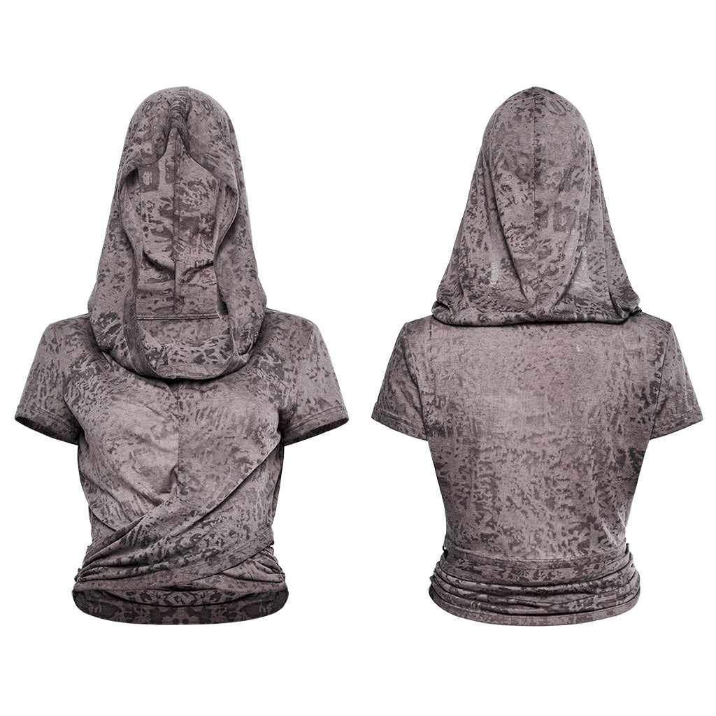 OPT-890TDF Edgy Hooded Punk T-Shirts Distressed Grey Wrap Design