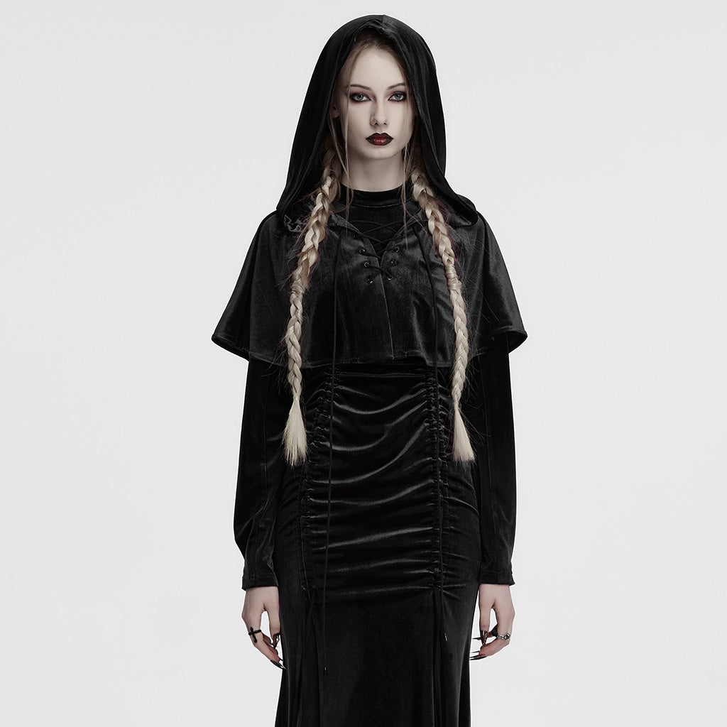 OPY-444DQF Velvet Gothic Hooded Coat with Pom Poms Draped Design