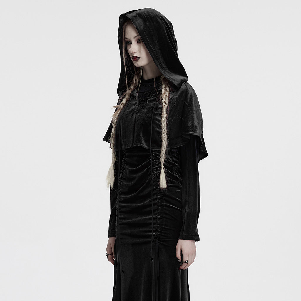 OPY-444DQF Velvet Gothic Hooded Coat with Pom Poms Draped Design
