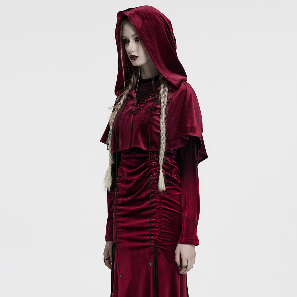 OPY-444DQF Velvet Gothic Hooded Coat with Pom Poms Draped Design