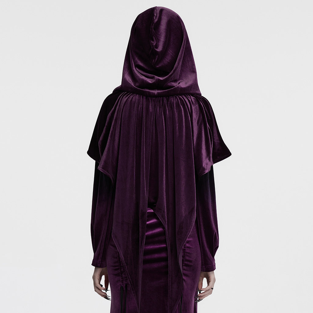 OPY-444DQF Velvet Gothic Hooded Coat with Pom Poms Draped Design