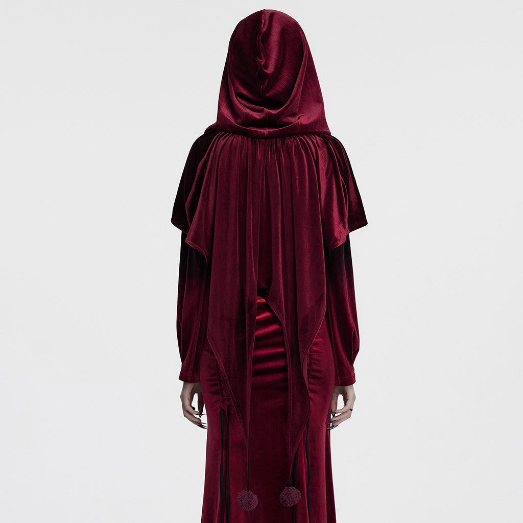 OPY-444DQF Velvet Gothic Hooded Coat with Pom Poms Draped Design