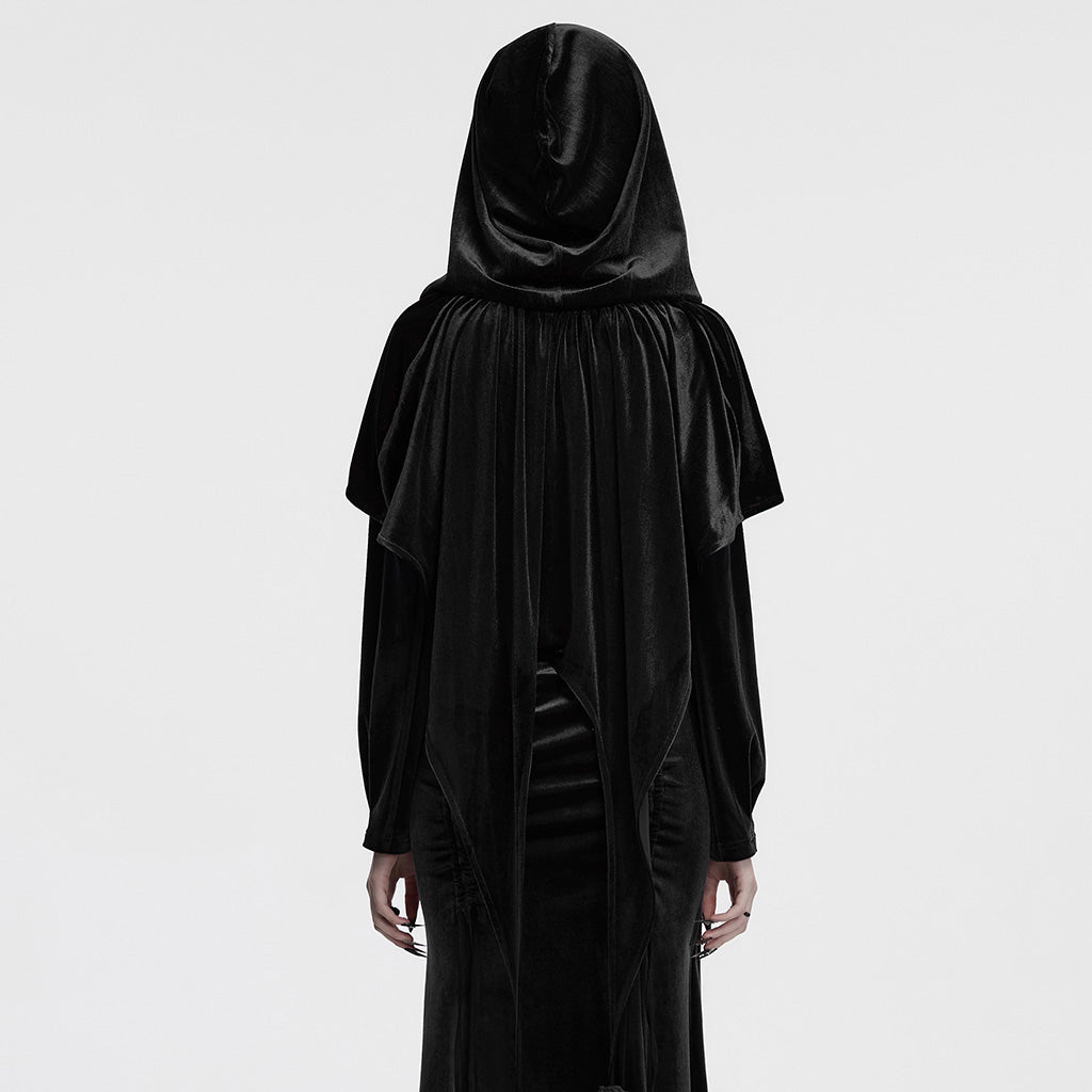 OPY-444DQF Velvet Gothic Hooded Coat with Pom Poms Draped Design
