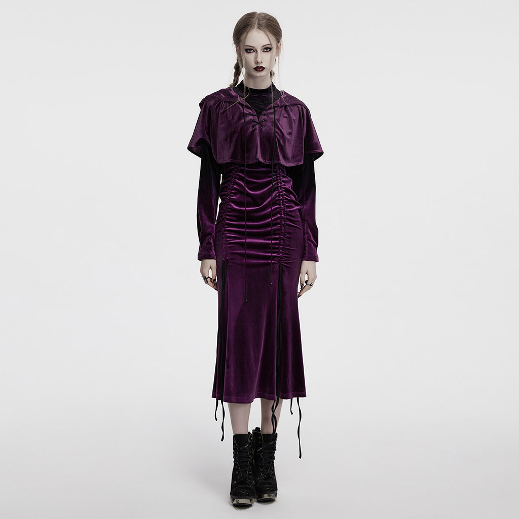 OPY-444DQF Velvet Gothic Hooded Coat with Pom Poms Draped Design