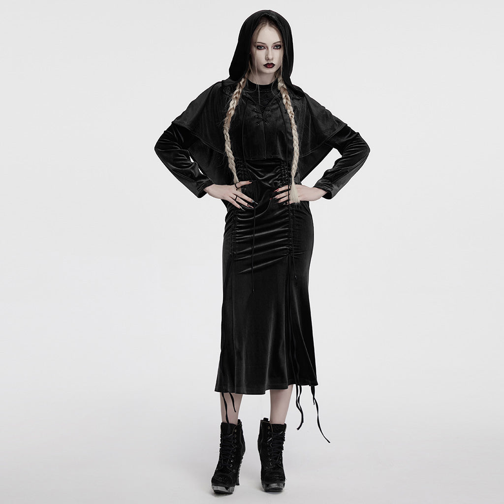 OPY-444DQF Velvet Gothic Hooded Coat with Pom Poms Draped Design