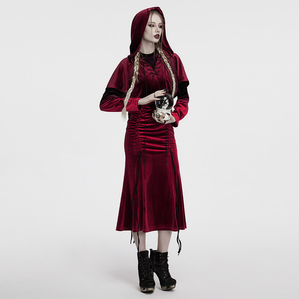OPY-444DQF Velvet Gothic Hooded Coat with Pom Poms Draped Design
